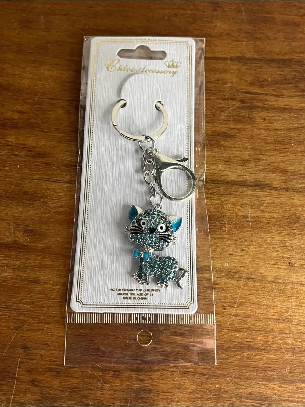 Crystal Cat Keychain Bag Charm Keyring Teal Blue Rhinestone Silvertone